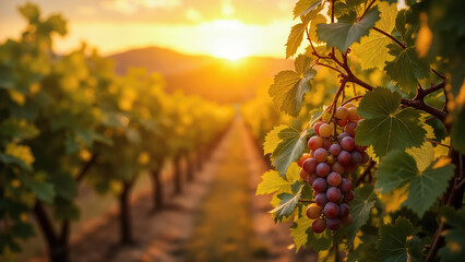A bunch of grapes hanging on a branch against a background of a vineyard during sunset. Created using generative AI tools