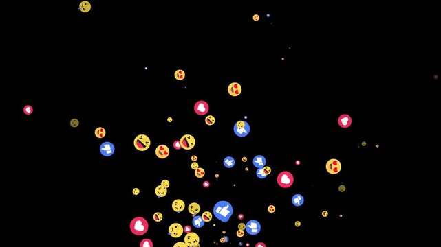 Social Media Live Streaming Reaction Emoji Animation &ndash; Floating Love, Heart Eyes, Like, Sad, Thumb Up and Laughing Faces Flying Upward on Black Background, 4K Alpha Channel Transparent Overlay Loop