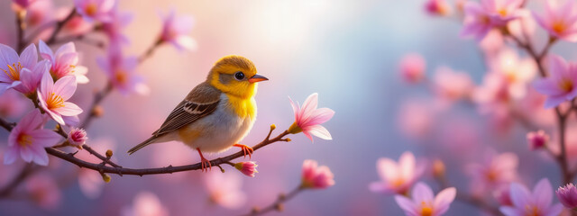 A bright bird on a branch of a blossoming spring tree, banner. Created using generative AI tools