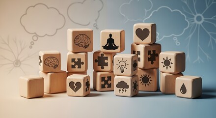 An array of wooden blocks featuring diverse icons representing mental health and emotional well-being concepts.