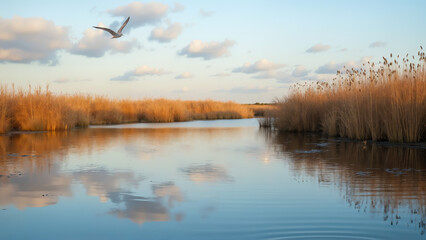 Landscape of a river delta with reeds and seagulls. Created using generative AI tools
