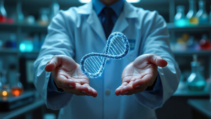 An abstract composition on the theme of scientific genetic research. Created using generative AI tools.