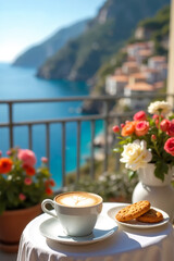 A close-up of coffee and cookies against the backdrop of the Mediterranean coast. Created using generative AI tools