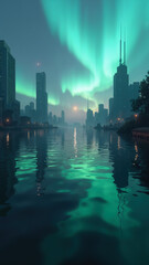 Futuristic cityscape - view of river in metropolis with skyscrapers under night sky with northern lights. Created using generative AI tools