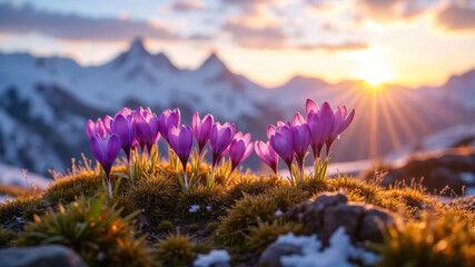 Fresh spring crocuses blooming against the background of snowy mountains. Created using generative AI tools.