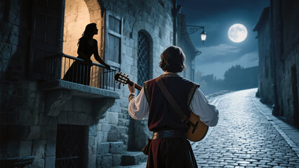 A man serenades a young woman on a balcony on a moonlit night. Reenactment of medieval life. Created using generative AI tools.