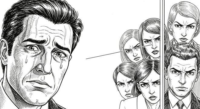 A distraught man sheds tears while facing a group of angry, judgmental colleagues, illustrating a scene of intense social pressure and emotional distress.