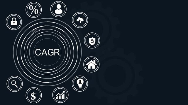 Compound Annual Growth Rate concept with icons and dot CAGR, abstract circles and gears backgrounds.4k video.