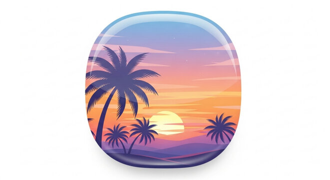 Tropical sunset with palm trees on a glossy rounded rectangle background