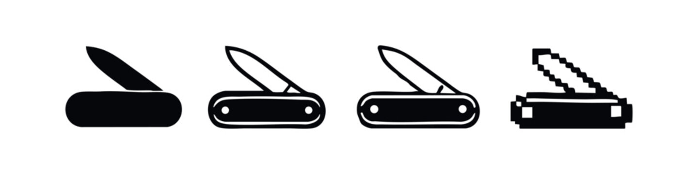 Set of Minimalist Folding Knife Icons with Open Blade in Various Styles