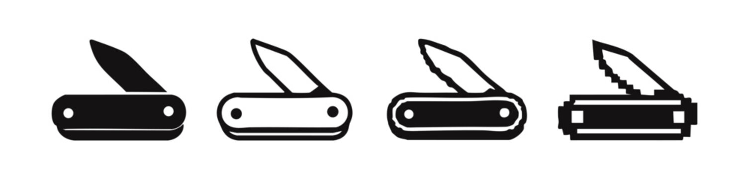 Graphic Set of Folding Knife Icons with Serrated and Plain Blades, Partially Open