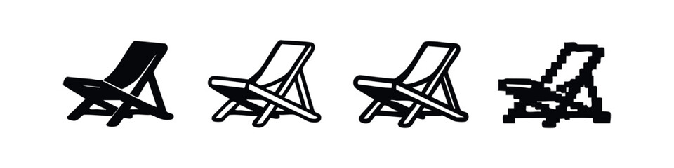 Fototapeta premium Stylized Folding Beach Chair Icons: Solid, Outline, Hand-Drawn, and Pixel Art Interpretations