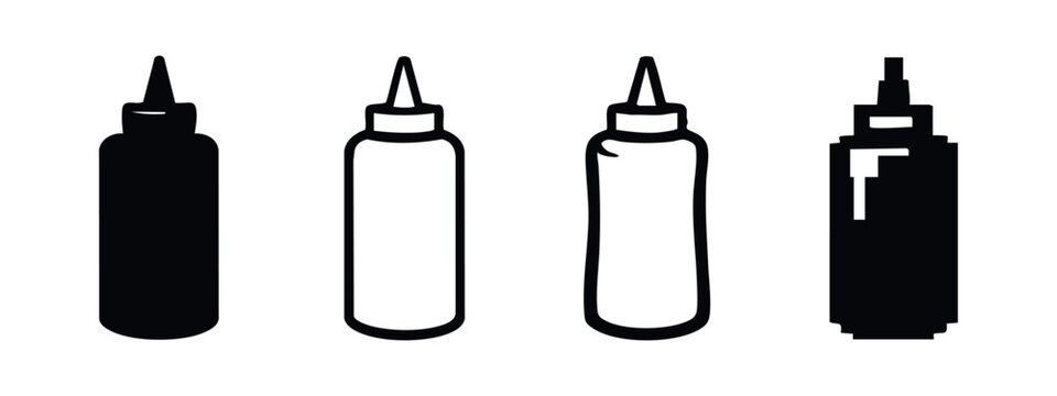 Set of four minimalist sauce or condiment squeeze bottle icons, featuring solid black and outlined designs.