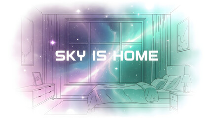 Fototapeta premium Sky Is Home text illustration in colorful room with stars, April 12, International Day of Human Space Flight