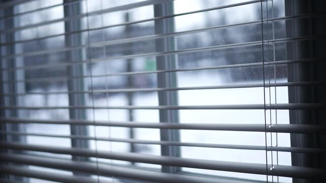 Blinds Hanging on a Glass Door Facing a Backyard