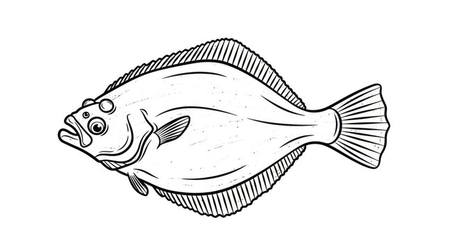 Flatfish illustration, outline drawing of a flounder fish, vector art