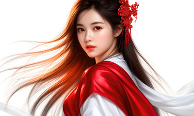 Fototapeta premium Elegant Asian woman with flowing hair and red traditional ornament on white background.