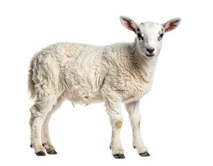 Fototapeta premium Young lamb standing on white background with fluffy wool and curious expression