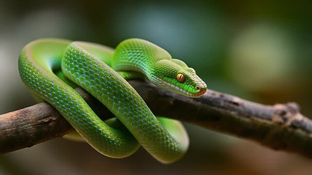 Green Tree Python Coiled on Rainforest Branch &ndash; Macro Detail