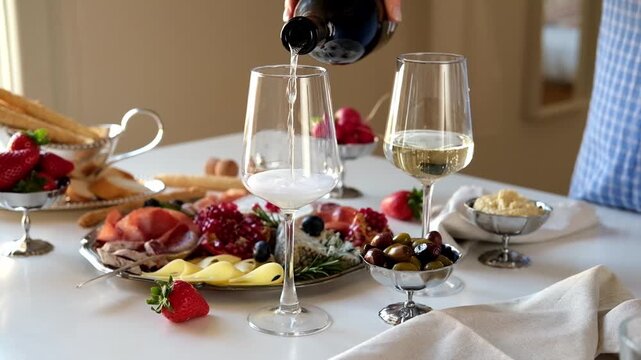 Elegant Charcuterie Board with Sparkling Wine Pour for Festive Celebrations