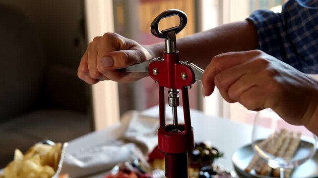 Hands Expertly Opening a Wine Bottle with a Classic Red Corkscrew, Preparing for a Relaxing Evening