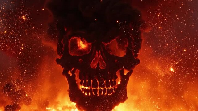 Fiery Skull Emerging from Intense Flames and Smoke, Symbolizing Danger and Destruction.