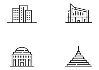Naklejka premium Minimalist building and landmark line icon set: skyscraper, modern architecture, old church, pyramid