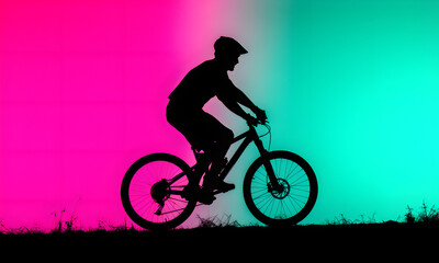 Obraz premium Vibrant silhouette of a man riding mountain bike against modern pink teal gradient