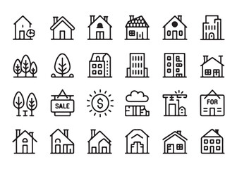 House and home line icon set: residential properties, trees, sale sign, dollar sun