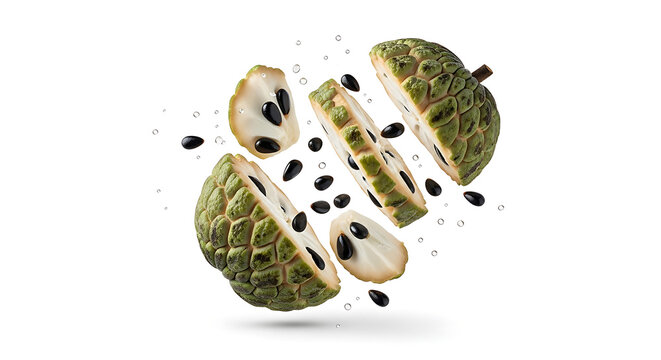 Fresh Sliced Custard Apple Levitation with Seeds and Water Splashes Isolated on White Background