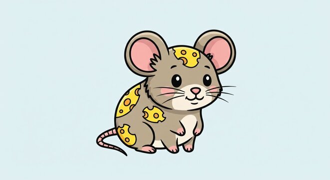 Cute cartoon mouse with cheese spots illustration on a light blue background