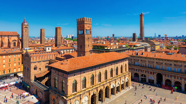View of the city of Bologna. A city of long street galleries and leaning medieval towers. Italy