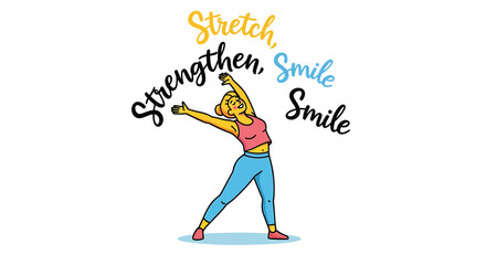 Fototapeta premium Vector illustration of woman stretching with motivational phrases