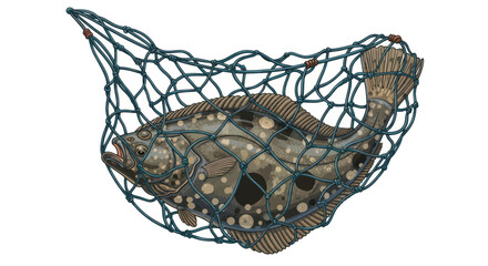 Fototapeta premium Freshly caught flatfish in a fishing net, isolated on white, seafood ingredient