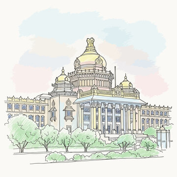 Vidhana Soudha building illustration with trees and sky.