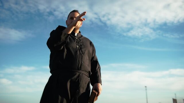 Monk Doing A Blessing Under The Celestial Sky