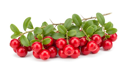 Obraz premium Fresh lingonberry branch with vibrant green leaves a studio shot highlighting the bright red fruits perfect for culinary and health-focused designs