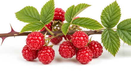 Fresh wild raspberry branch with thorns and vibrant green leaves against a clean white background for healthy eating concepts
