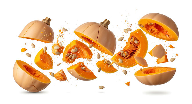 Flying Butternut Squash Slices and Seeds Exploding on White Background, Levitation Food Concept