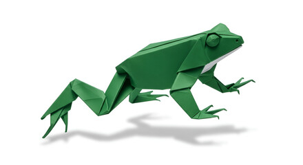 Fototapeta premium Origami Green Frog Figure with Folded Paper Texture on White Backdrop for Decorative Art and Craft Projects Paper Folding Art