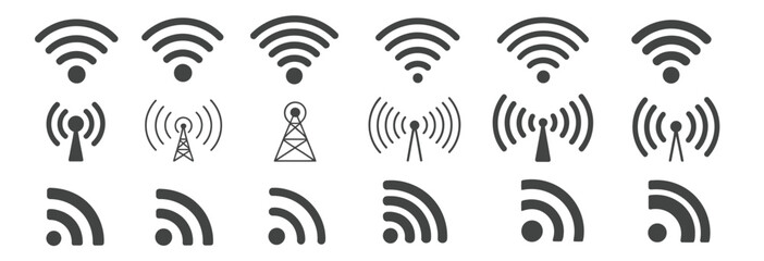 Collection of black and white vector icons representing Wi-Fi signals and transmission towers, symbolizing wireless connectivity and communication technology.