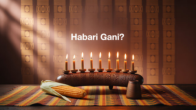 A Kwanzaa celebration setup featuring a lit kinara, corn, and a traditional cup on a colorful mat with 'Habari Gani?' text.