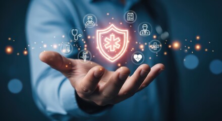 Fototapeta premium Hand holding medical health care shield icon