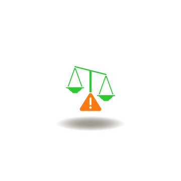 Vector illustration of scale imbalance with attention sign. Symbol of injustice. Icon of legal imbalance. Sign of law violation.