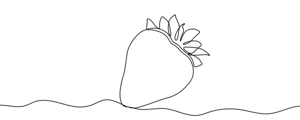 Strawberry in one line art style. Minimalist drawing of a single berry with leaves, made by a continuous line with editable black stroke on a white background. Vector illustration. © chekman