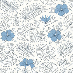 Fototapeta premium Seamless pattern of blue hibiscus flowers and tropical leaves 3.svg illustration