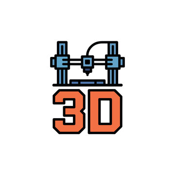 A graphic illustration of a 3D printer with the text 3D below it on a white background