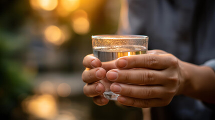 Faceless close-up of hands gently holding a clear glass of water during golden hour light, defocused background, breaking fast Iftar concept, gratitude and spirituality symbolism,