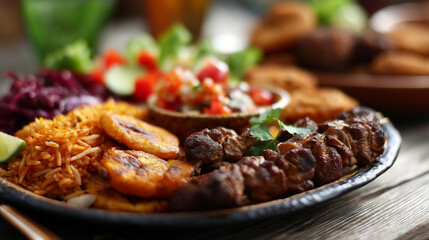 Diverse African street food platter featuring beef suya skewers, jollof rice, fried plantains, bean cakes, and a fresh vegetable salad, defocused background, West African street