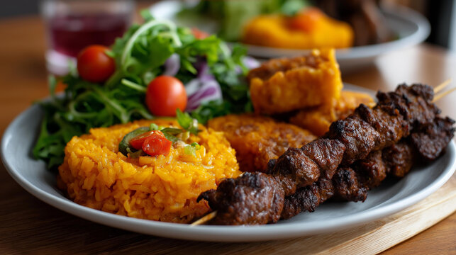 Diverse African street food platter featuring beef suya skewers, jollof rice, fried plantains, bean cakes, and a fresh vegetable salad, defocused background, West African street